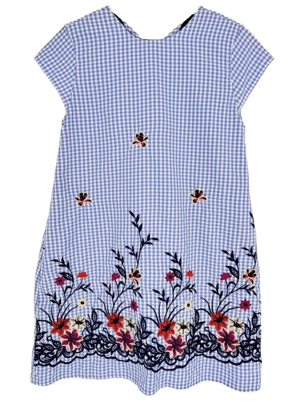 Cottagecore Embroidered Floral Gingham Blue Mini Shift Dress M/L Boho Twee Retro